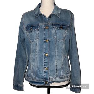 BANDOLINO petite large women’s jean jacket blue lace up sleeves and back denim